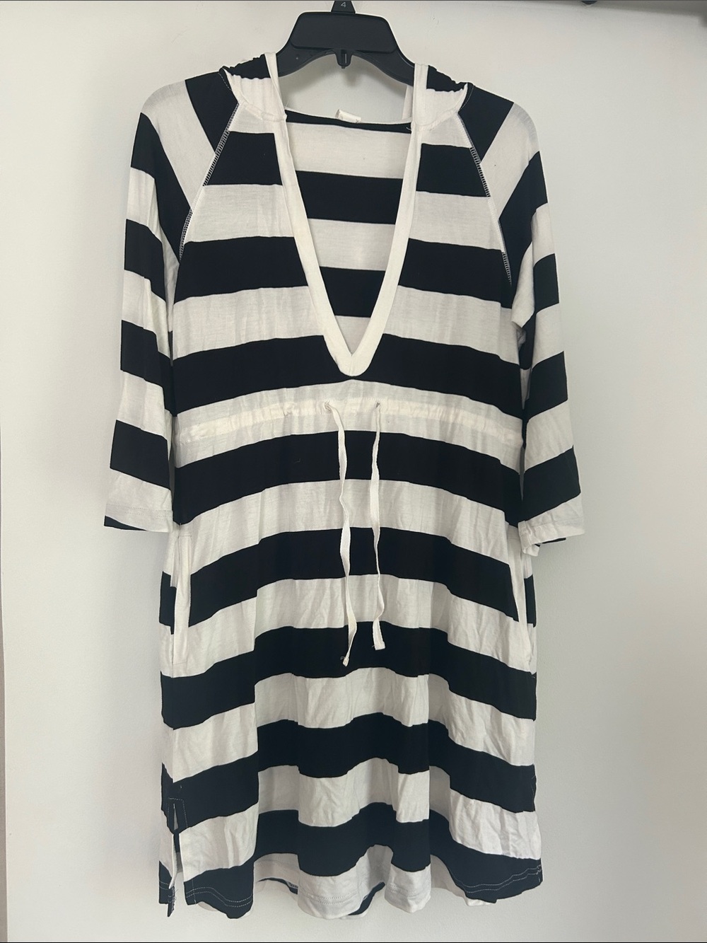 Kenneth Cole Black and White Striped Swim Coverup with hood